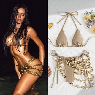 2025欧美新品性感三件套泳衣女士时尚挂脖比基尼铜色裤链分体泳装