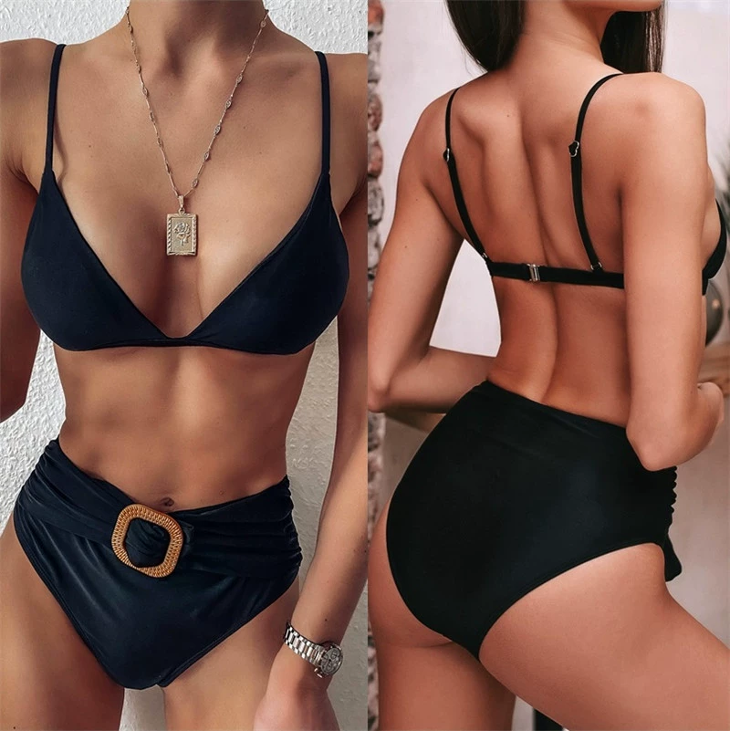 2020 bikini mới AliExpress phong cách nóng bỏng phụ nữ cạp cao màu đen áo tắm xẻ tà Đồ bơi sexy Âu Mỹ - Bikinis