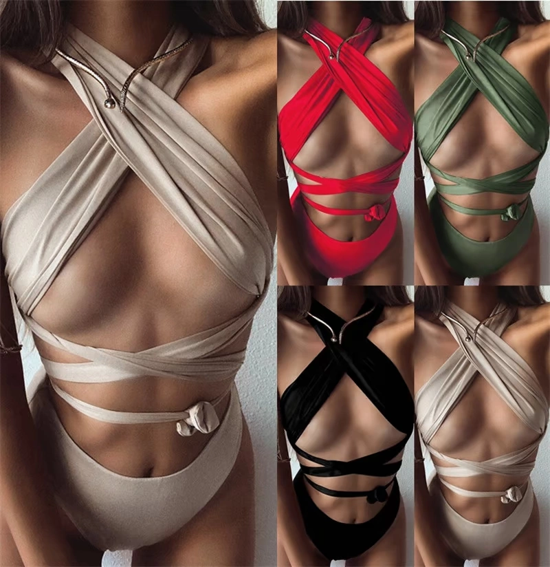 Châu Âu và Mỹ phong cách mới đồng bằng lớn dây đeo sexy đồ bơi gợi cảm Amazon bikini ngoại thương bùng nổ mô hình phụ nữ áo tắm hai mặt xẻ - Bikinis