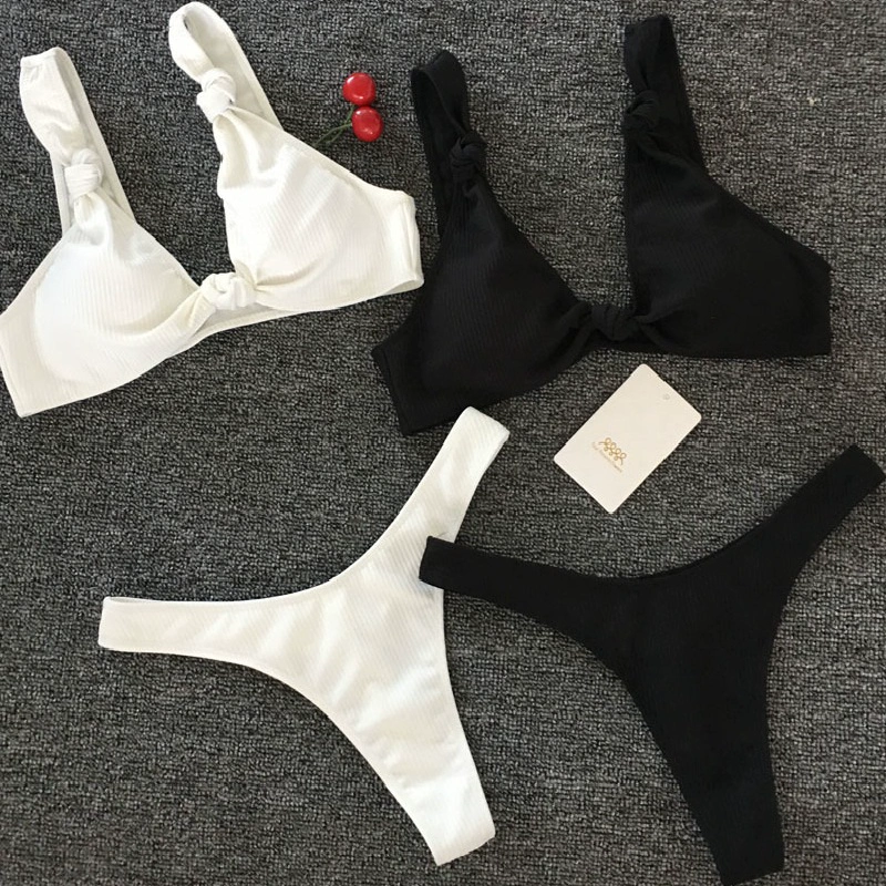 017 AliExpress Hot Knotted Chest Bikini Black and White Hai màu Pure Color Split Swimsuit - Bikinis