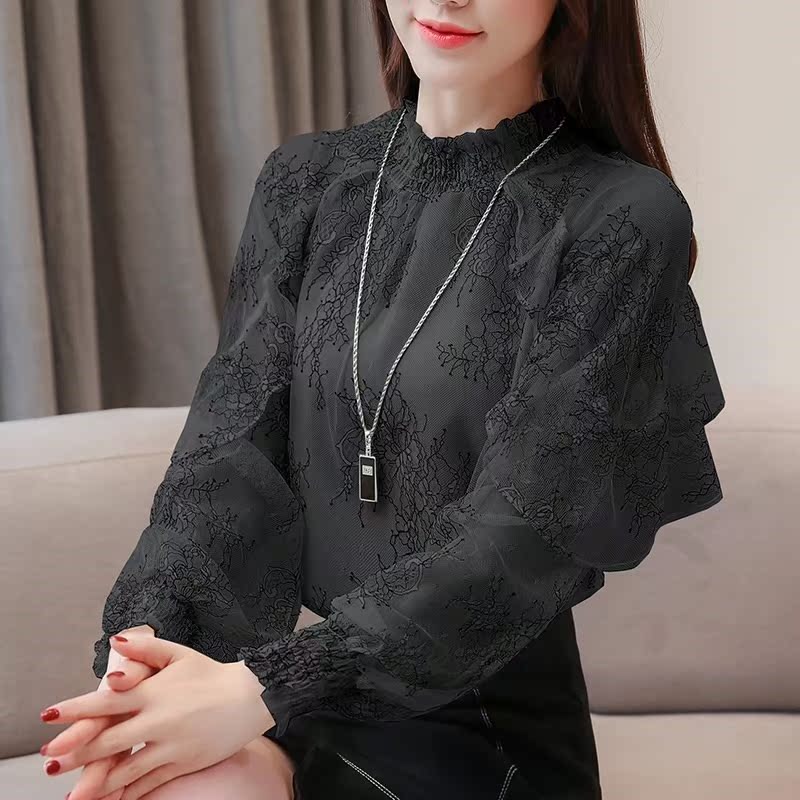 . Áo sơ mi voan chạm đáy nữ 2019 xuân mới hàng châu Âu rất được ưa chuộng hàng đầu thời trang hoang dã. - Áo sơ mi chiffon ren áo sơ mi họa tiết nữ