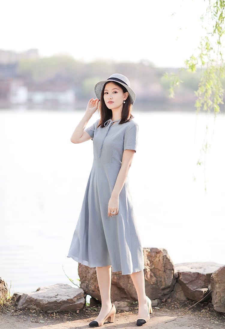 伶俐 chanh 11507 retro văn học dân gian phong cách dân gian của phụ nữ sọc dài ăn mặc phong cách Trung Quốc đầm xoắn eo cao cấp