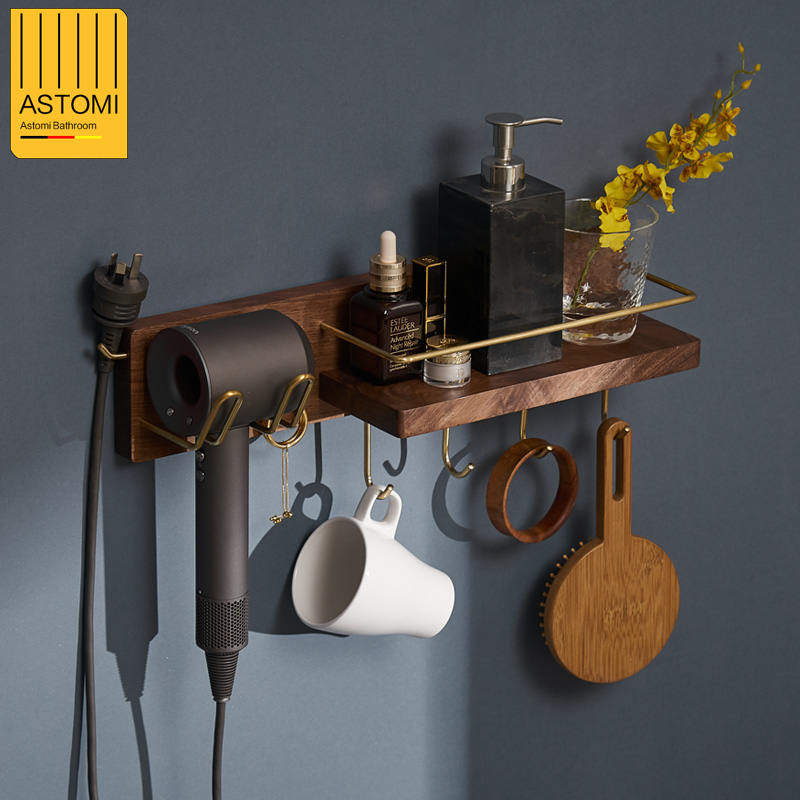 Solid wood hair dryer bracket toothbrush cup holder toilet shelf wall hanging suitable for Dyson Pansonic hair dryer storage
