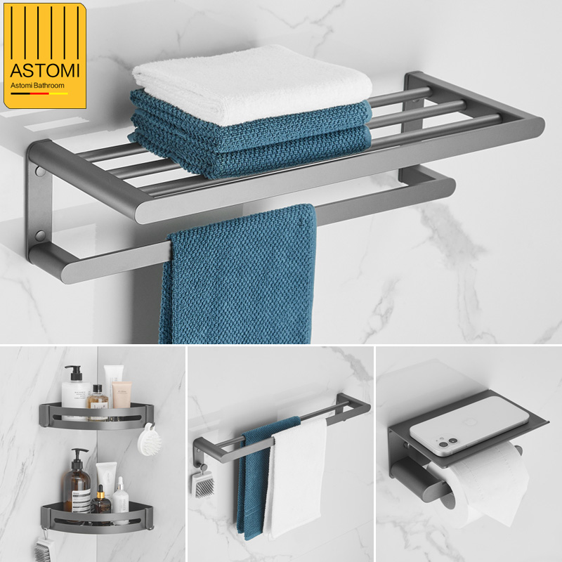 Gun Grey Bath Towel Rack Bathroom Hair Towel Rack Dressing Room Free of perforated Space aluminum Shelf Pendant Suit