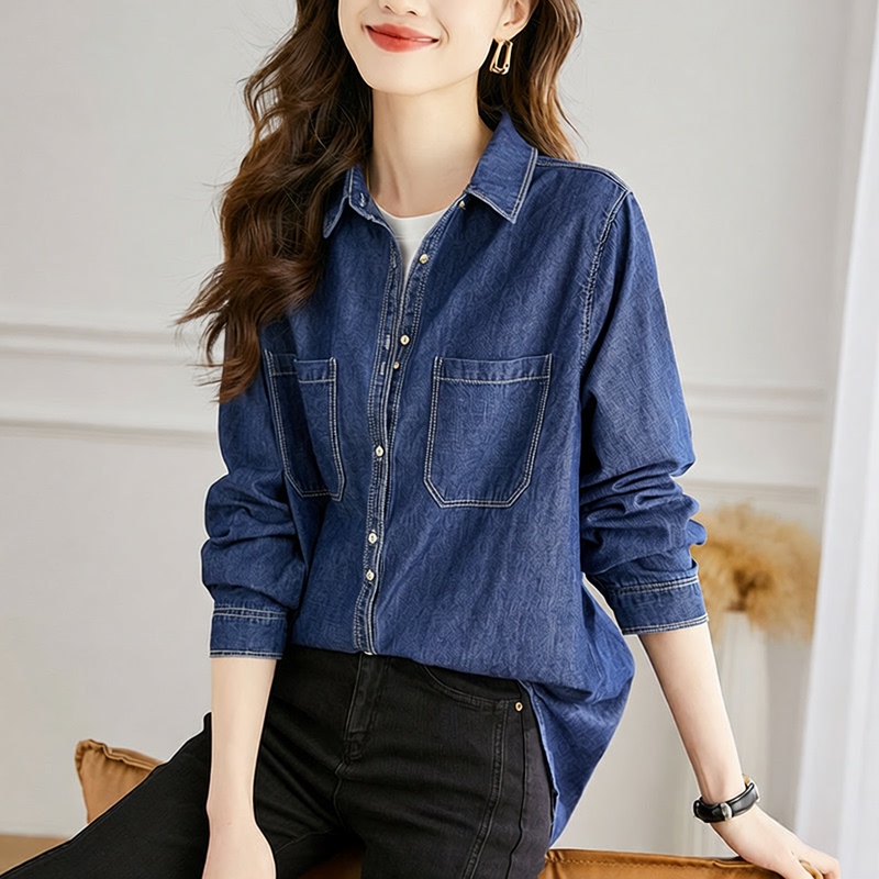 Retro High-End Pure Cotton Denim Shirt for Women, New Autumn Style, Layered Long-Sleeved Loose Slimming Top