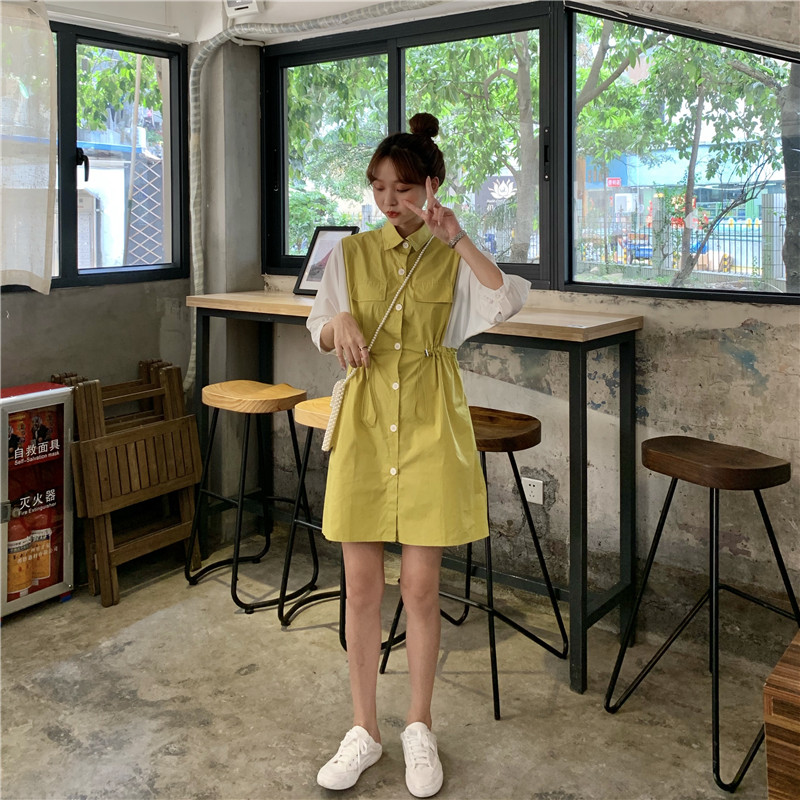 VK旗艦店 韓國風收腰拼接假兩件短袖洋裝