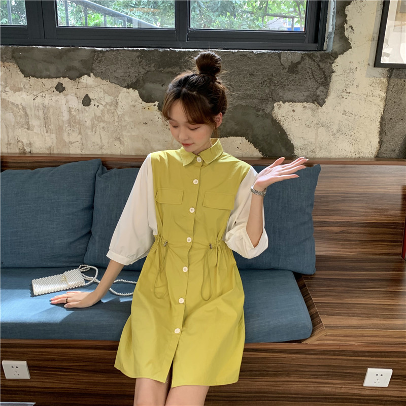 VK旗艦店 韓國風收腰拼接假兩件短袖洋裝