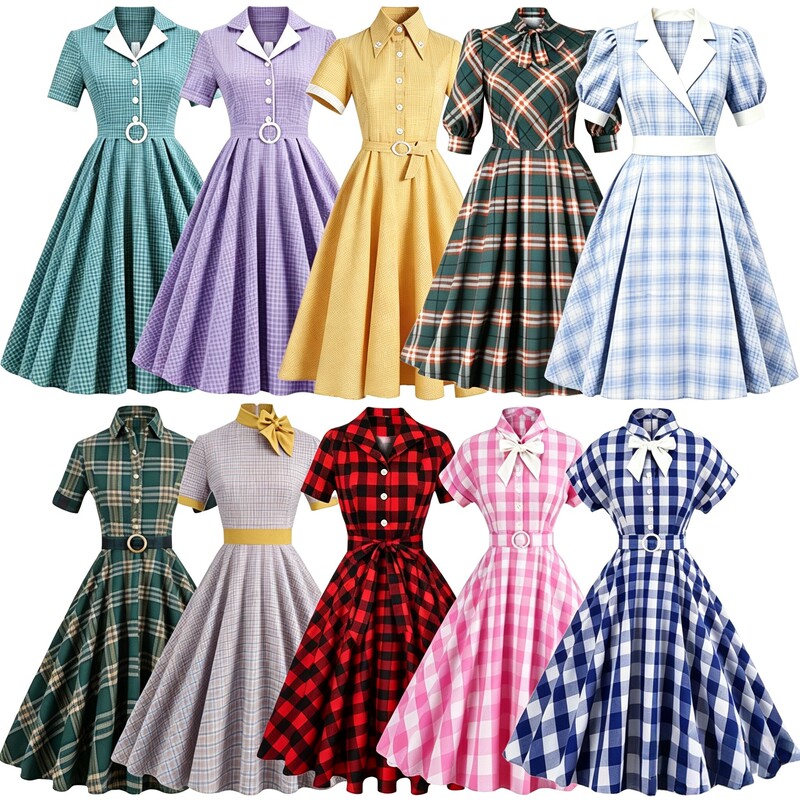 Retro Hong Kong Style 60S-Era Plaid Dress with a Large Hem, Mid-Length Skirt That Accentuates the Waist and Makes You Look Slimmer in Summer Retro Hong Kong Style 60S-Era Plaid Dress with a Large Hem, Mid-Length Skirt That Accentuates the Waist and Makes You Look Slimmer in Summer