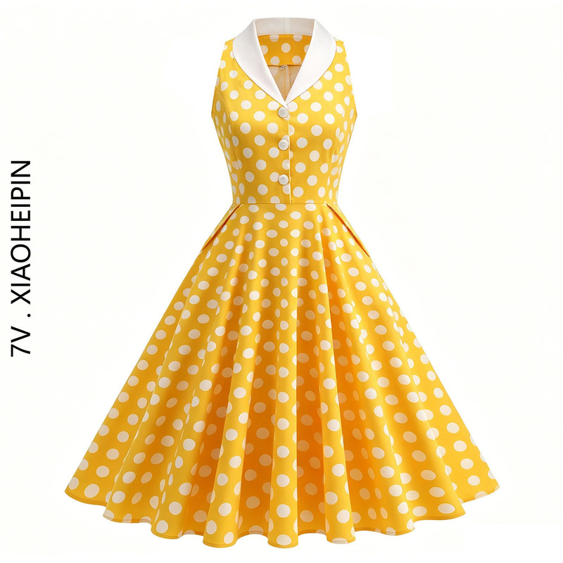 Hong Kong Style 80S and 90S Nostalgic Retro Elegant Lapel Sleeveless Polka Dot Dress for Women Summer Party Vacation Dress Hong Kong Style 80S and 90S Nostalgic Retro Elegant Lapel Sleeveless Polka Dot Dress for Women Summer Party Vacation Dress