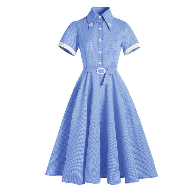 Retro Hong Kong style 60s sense of the lapel plaid dress shows a mid-length skirt waist slimming summer