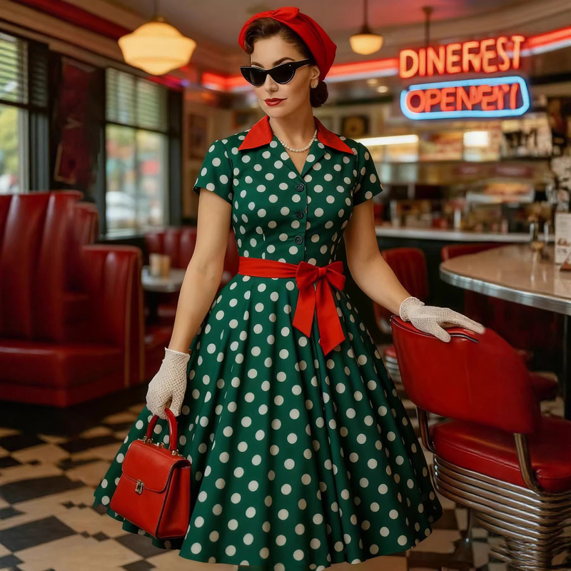 French-Style Women's Hepburn-Style Shirt Collar Short-Sleeved Retro Party Performance Dance Large Swing Vintage Polka Dot Dress French-Style Women's Hepburn-Style Shirt Collar Short-Sleeved Retro Party Performance Dance Large Swing Vintage Polka Dot Dress