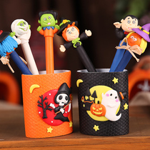 Halloween gift ghost festival kindergarten students creative decoration soft pottery ballpoint pen cartoon pumpkin pen holder gift