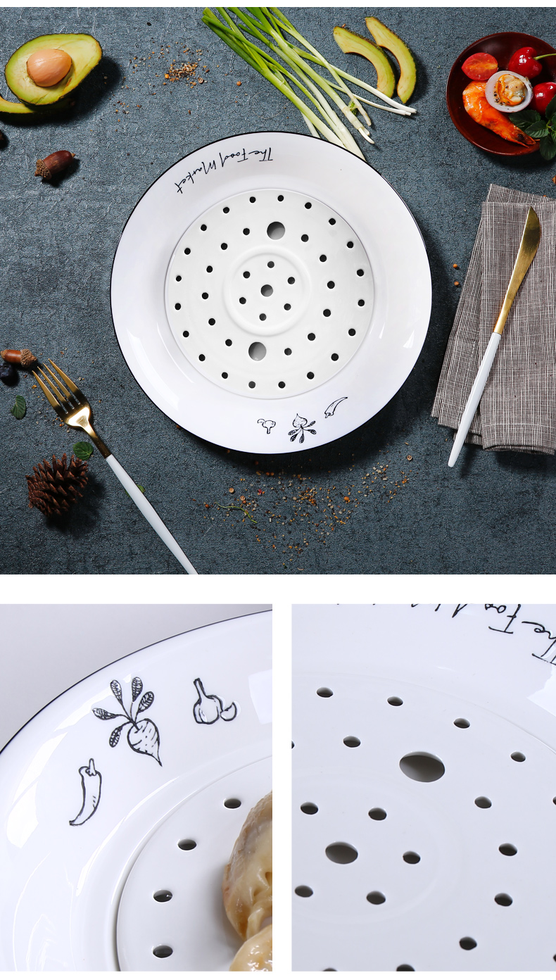 Shun cheung ceramic double disc home round steamed dumpling dish drop disc creative dumplings steamed fish dish plate plate plate