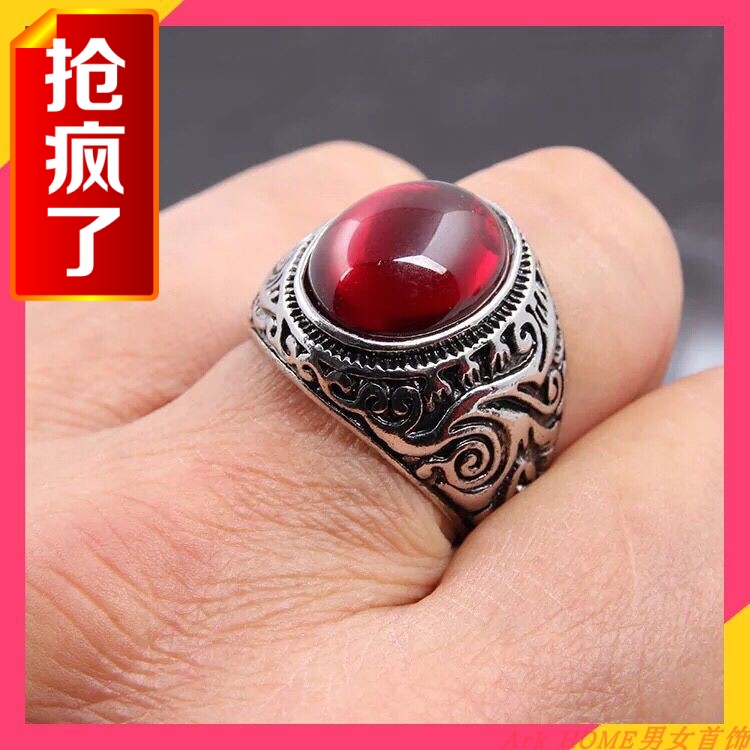 Hot sale ruby u200bu200bring, female ring, male finger, couple ring, middle-aged and elderly large ring, ethnic silver-plated jewelry