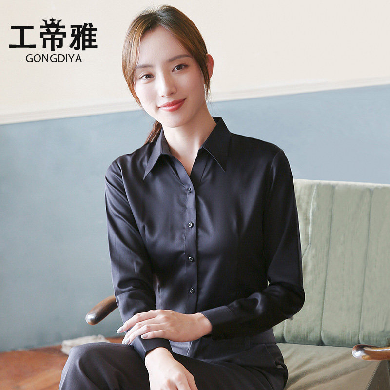 Work emperors elegant V collar black long sleeve shirt positive dress Baoblue Career Korean version Pure cotton girl shirt Working dress Spring