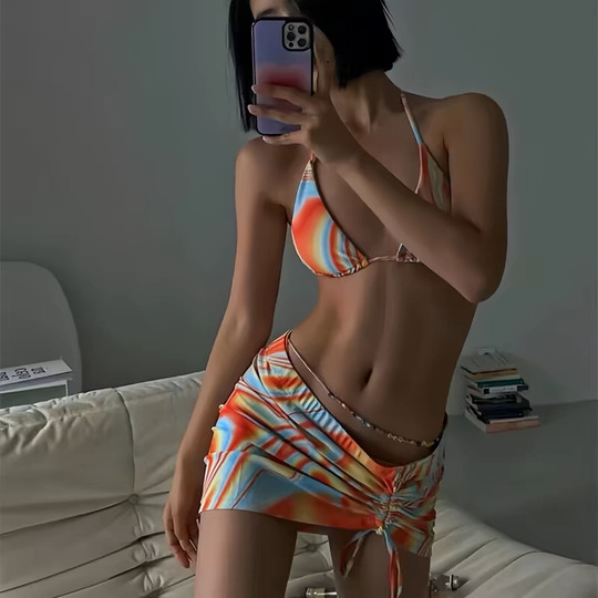 Colorful printed drawstring halter neck bikini three-piece set