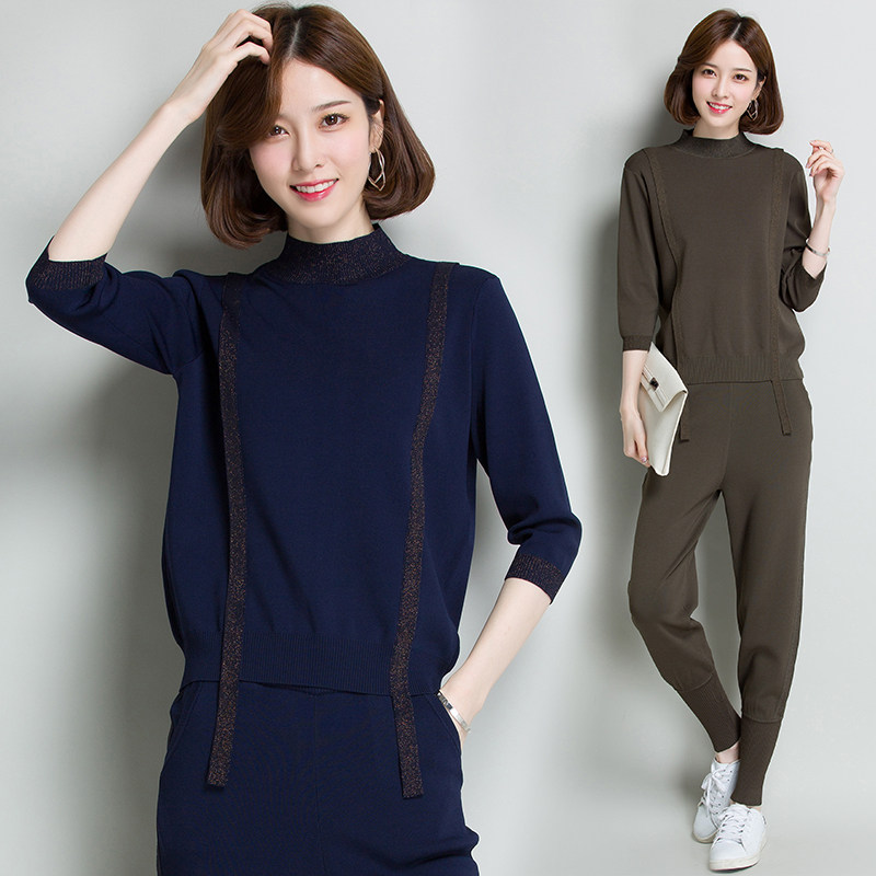 初秋套装女针织时尚两件套成熟宽松半高领冰丝毛衣小脚裤2019新款