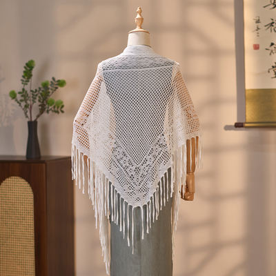 White lace tassel triangular knitted hollowed-out cheongsam shawl, versatile and fashionable women's scarf with hollowed-out design for outerwear