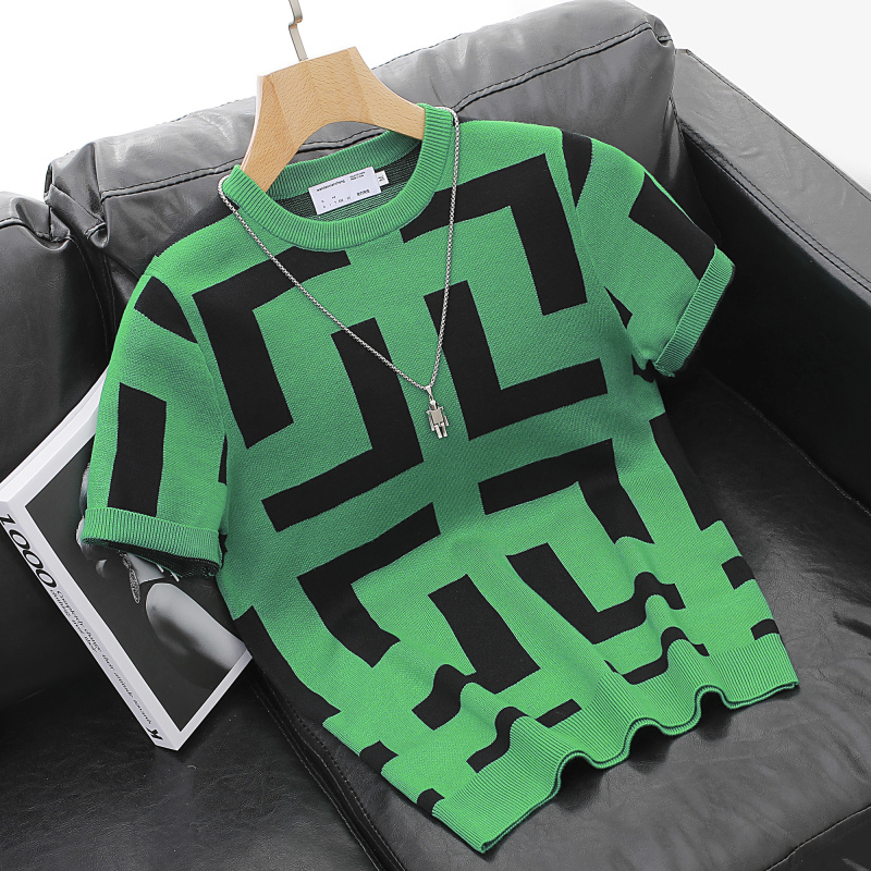 Men's Short-Sleeved Sweater, Half-Sleeved Knitwear, Thickened Geometric Trendy Print, New Style, Slim Fit, Round Neck Pullover Base Shirt Men's Short-Sleeved Sweater, Half-Sleeved Knitwear, Thickened Geometric Trendy Print, New Style, Slim Fit, Round Neck Pullover Base Shirt