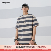 Marchetta men's trendy striped sea soul shirt new summer loose short sleeve casual all match cotton t-shirt fashion brand