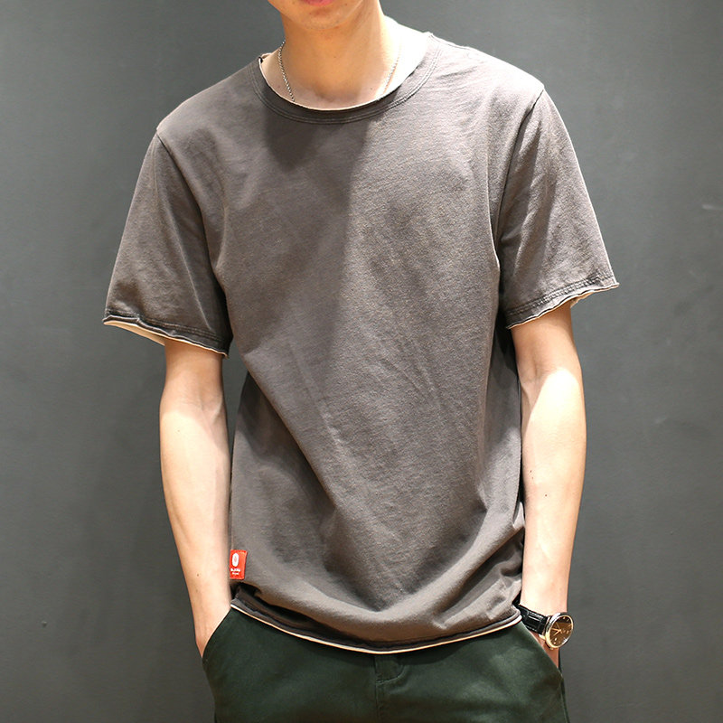 马切达男装夏季宽松短袖T恤男士日系圆领纯棉体恤假两件上衣潮流