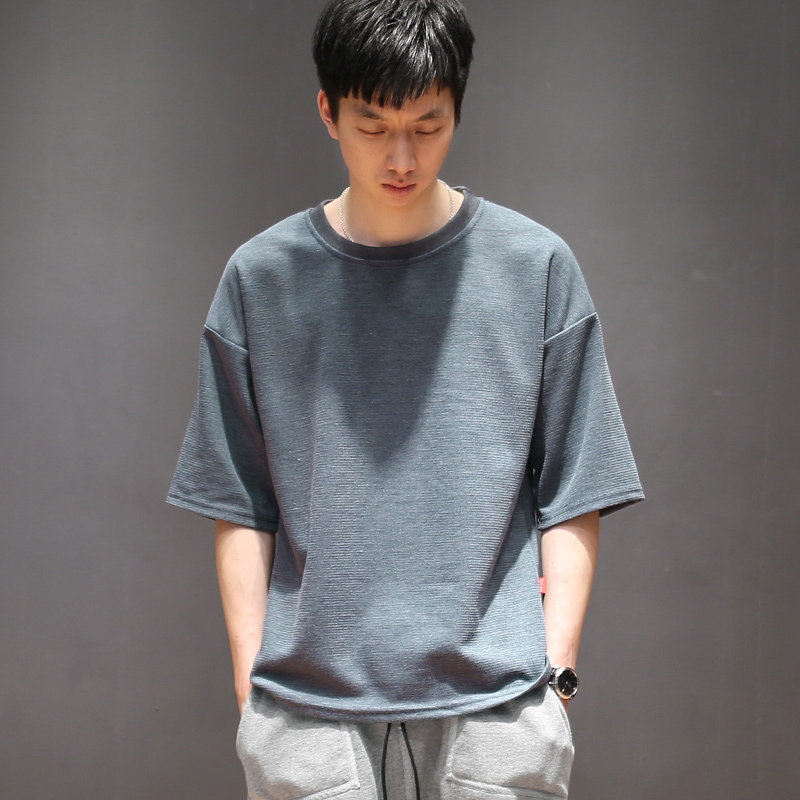 原创夏季新款日系复古圆领五分袖T恤男士宽松短袖青年纯色中袖潮