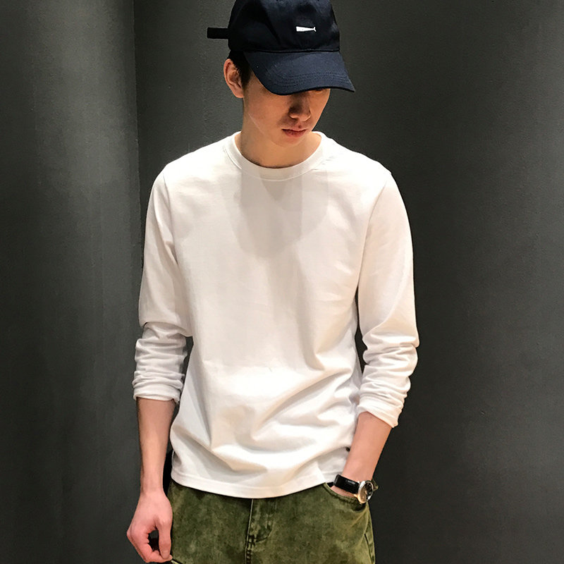 原创秋季韩版棉质秋衣打底衫男士日系白色简约T恤潮圆领长袖体恤
