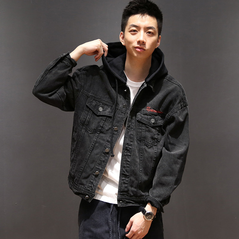 马切达秋季日系复古连帽假两件牛仔夹克潮流青年男士宽松休闲外套