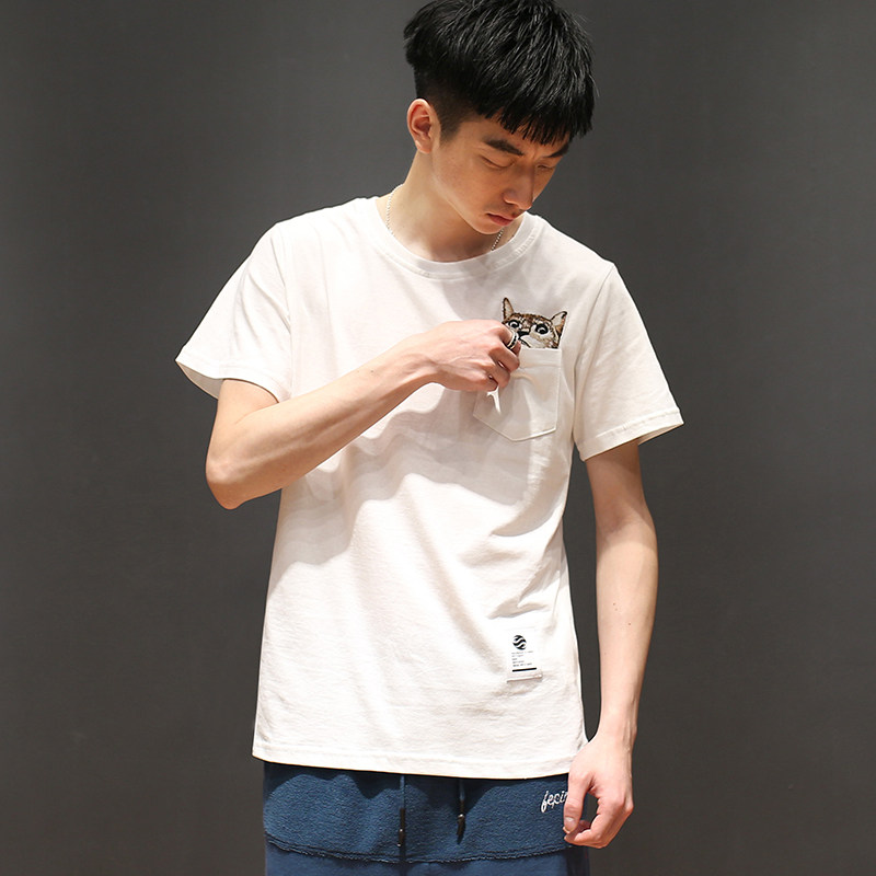 夏季男装日系猫咪刺绣短袖小清新情侣装体恤纯棉修身男士圆领T恤