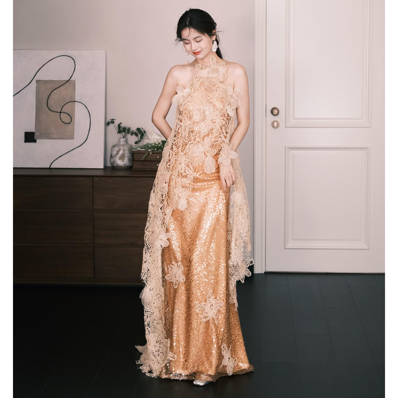 New Chinese-Style Halter Neck Morning Robe for Women, Bride's Engagement and Wedding Dress, 2026 New Model, Stunning Dress for Returning Home and Toasting