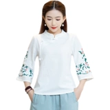 Этническая рубашка, этнический стиль, из хлопка и льна, с вышивкой, китайский стиль