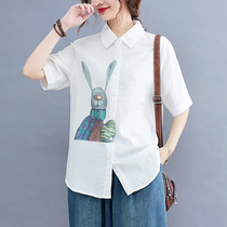 2022 Summer new art 100 hitch short sleeve temperament printed single row of cotton yarn lining clothes and women with weight loss