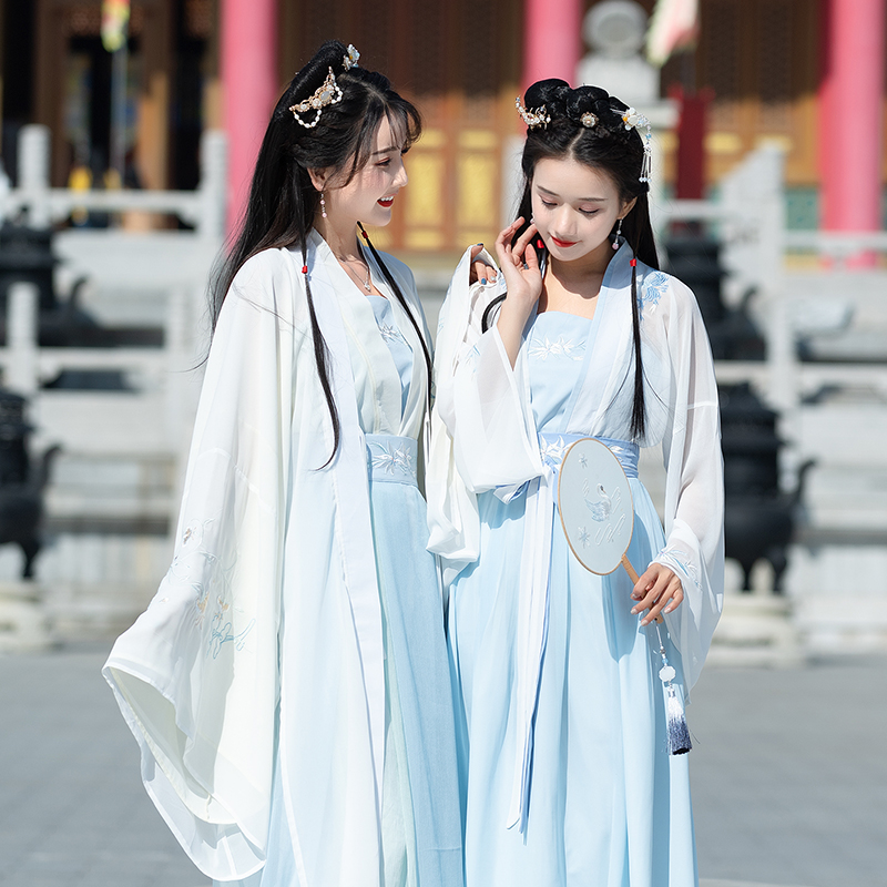 Mùa xuân và mùa hè sản phẩm mới lượn Wei Jin Trung Quốc màn hình màu hồng thêu sling chéo cổ áo windman của váy ba mảnh bộ