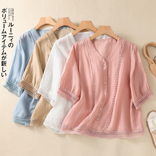 Футболка, ретро рубашка, из хлопка и льна