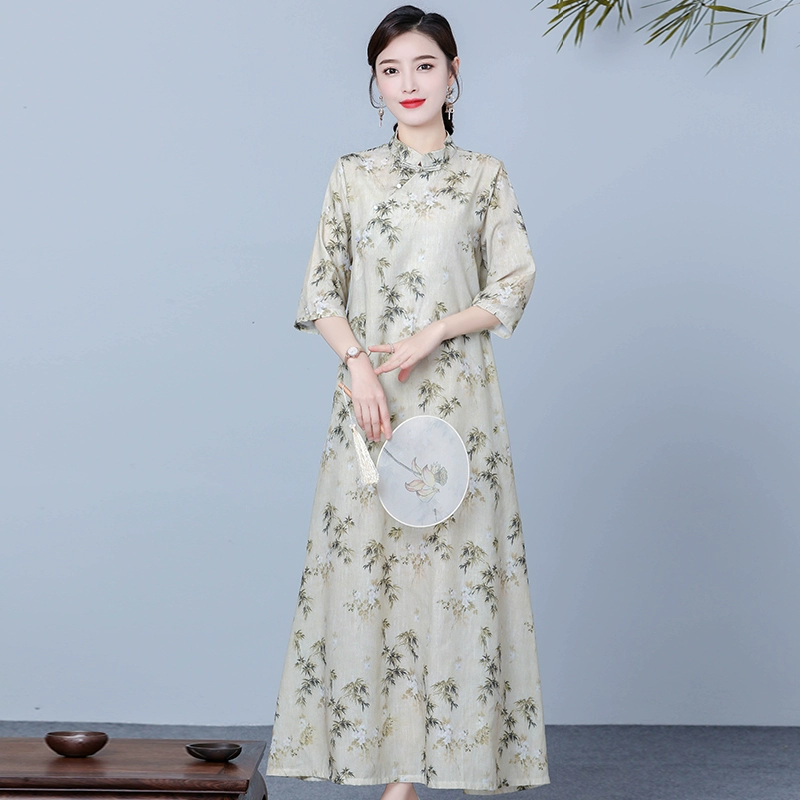 Cải tiến váy sườn xám mùa hè phong cách mới retro phụ nữ Trung Quốc văn học váy dài cổ đứng cổ áo váy gai kiểu Trung Quốc - Váy dài