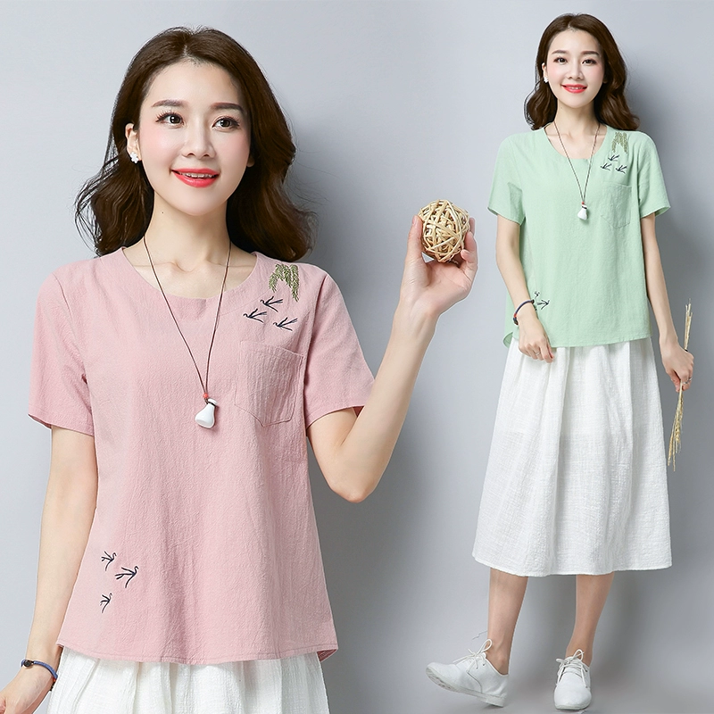 Áo khoác cotton và vải lanh nữ 2020 mùa hè mới nửa tay phong cách quốc gia retro thêu lỏng áo thun ngắn tay nữ - Áo phông