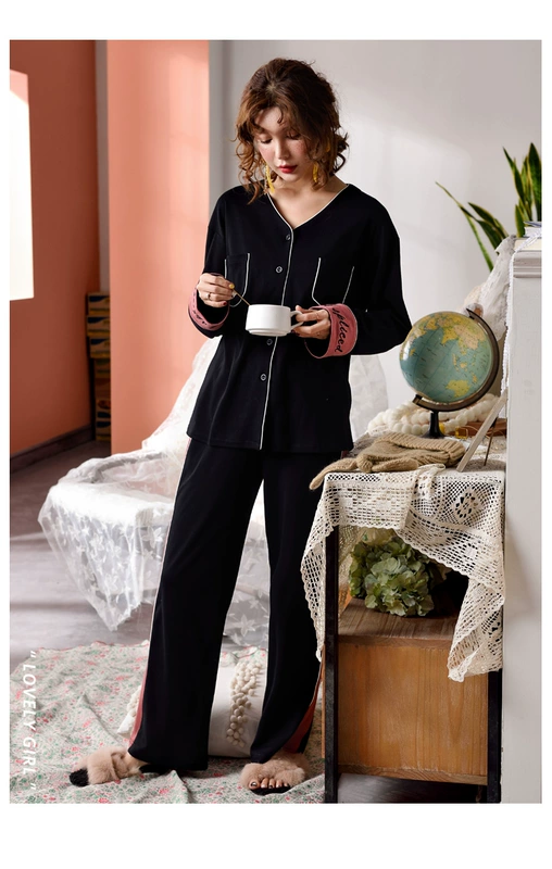 Bà Sili mùa xuân mới nữ đồ ngủ cotton dài tay thời trang V-Cổ có thể mặc bên ngoài nhà lười dịch vụ phù hợp với