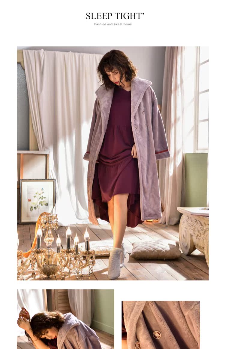Đồ ngủ nhung san hô áo ngủ nữ dày mùa đông cộng với flannel dài mùa đông ấm thứ hai nhân dân tệ áo khoác màu tím áo choàng bông trung niên