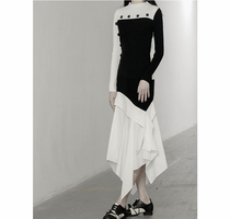 Dark Black Ensemble Mountain Bene Small Crowddesign Black & White Collision Color Knit Blouse Irregular Layer Subsensation Splicing Shirt Half Skirt