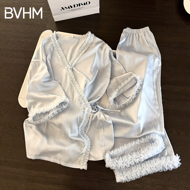 Victorian Style Silk Pajamas for Women Summer 2026 New Lace Ice Silk Lace-Up Three-Quarter Sleeve Home Wear Set Victorian Style Silk Pajamas for Women Summer 2026 New Lace Ice Silk Lace-Up Three-Quarter Sleeve Home Wear Set