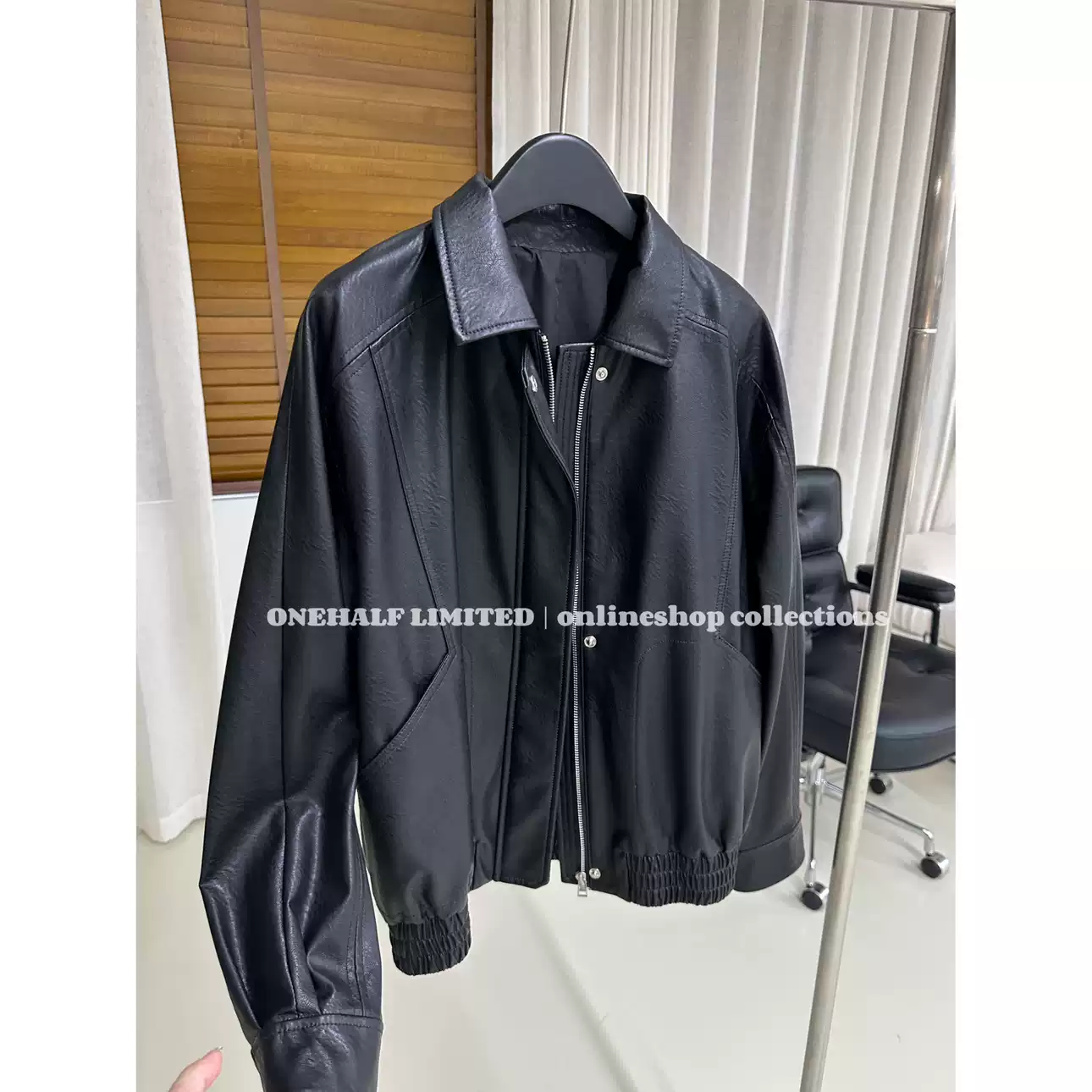 韓國黑色PU皮衣ONEHALF FUR女裝皮衣2025春季流行ETH FEVR博主同款