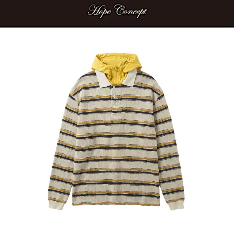 Hopeconcept High-Tech Sporty Retro Color-Blocked Striped Hooded Polo Shirt with a Brushed Texture, Long Sleeves # 26216 Hopeconcept High-Tech Sporty Retro Color-Blocked Striped Hooded Polo Shirt with a Brushed Texture, Long Sleeves # 26216