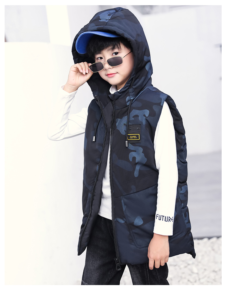 Áo vest trẻ em cho bé trai lớn mùa xuân và mùa thu vest vai 2019 áo ngụy trang mới mùa đông áo trùm đầu - Áo ghi lê áo thun bé trai