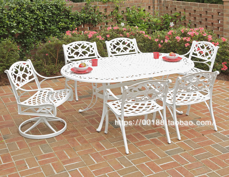 Outdoor wrought iron metal tables and chairs Outdoor cast aluminum furniture tables and chairs White garden courtyard oval ten-person table European style