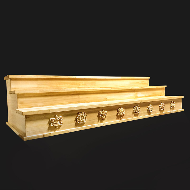 Tibetan-style log color eight treasures carving Buddha platform Tibetan Buddhism auspicious eight treasures three-layer solid wood for the table Buddha hall tribute table
