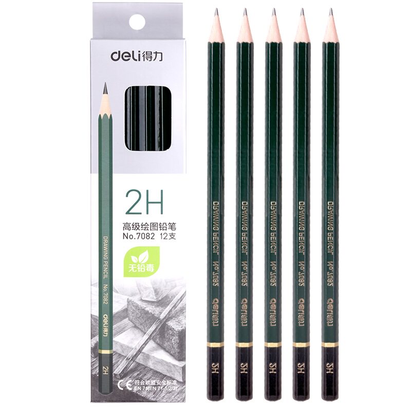 Deli safety graphite lead core sketch drawing 2H wooden pencil Student pencil 12-pack box 7082