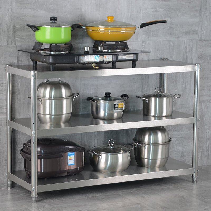 Stainless steel kitchen rack floor-to-ceiling multi-layer microwave oven put pan rack shelf three-tier storage rack