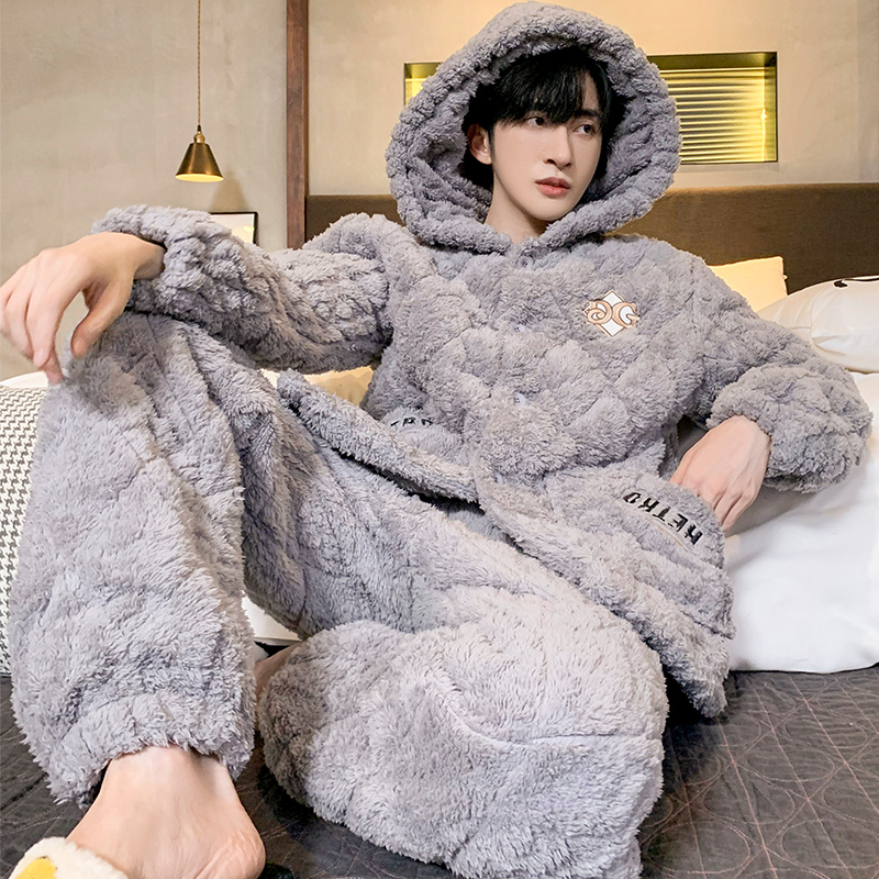 Men's autumn and winter pajamas thickened plus velvet coral fleece three-layer quilted men's winter warm flannel home clothes - Taobao