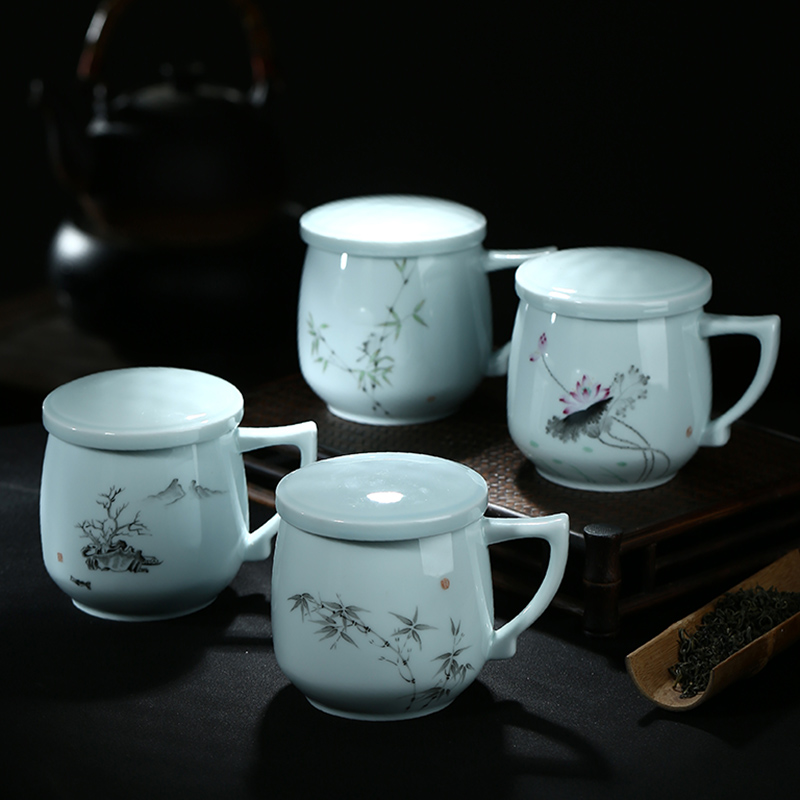 Jingdezhen hand - made ceramic cups with cover filter tea BeiYing celadon office gift cup household glass cup