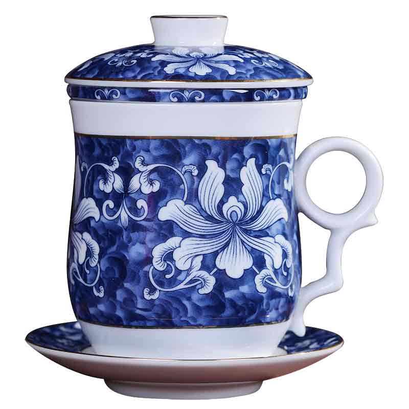 Jingdezhen ceramic tea cup filter with cover glass office home ins blue and white porcelain keller cup